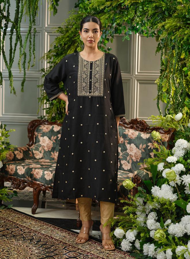 دي دبليو كورتا مستقيمة من الحرير الخام ومطرزة بخيوط للنساء - Image 5